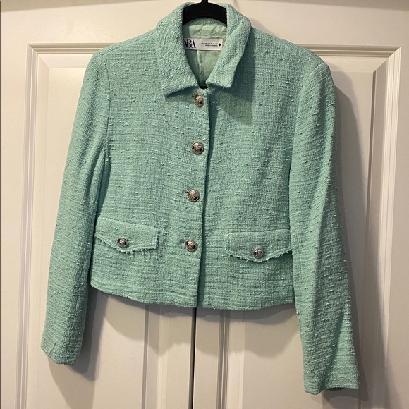 Zara Light Green Cropped Tweed Blazer. Size M. Mint Green. Chanel Inspired. - Picture 5 of 8